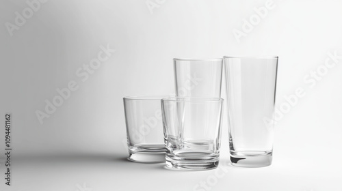 Three empty glasses minimalist composition simple clean elegant serenity calm still life glassware glass drinking glasses tall glass short glass transparent clear empty monochrome white background