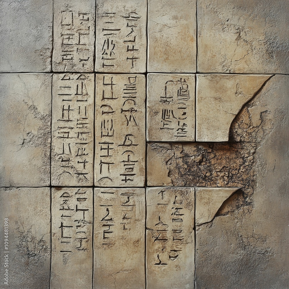 Ancient stone tablet, weathered, inscribed glyphs. Ancient stone tablet, weathered, inscribed glyphs.