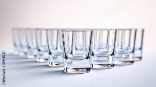 Empty shot glasses perfectly aligned minimalist clean simple glassware crystal transparent row arrangement order neat reflective shiny surface white background studio photography still life objects