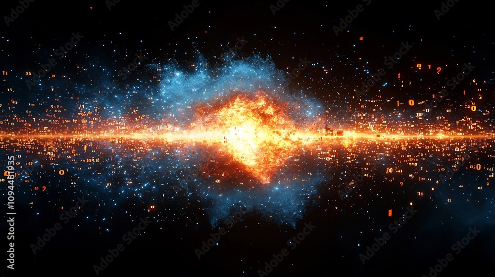 Obraz premium Cyber Bomb Exploding in Virtual Space with Digital Fragments Flying Amidst Minimalist Background