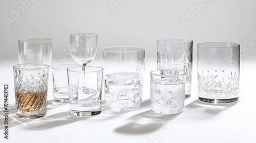 Elegant assortment of empty glassware tumblers and highballs on white background. sense of sophistication and readiness for celebratory occasion