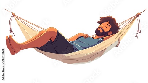 a 2D cartoon illustration of a man taking a nap in a hammock, calm and relaxed, white background--ar 16:9