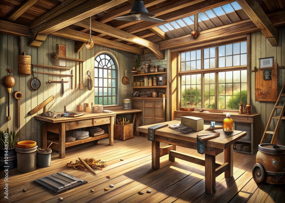 Rustic Workshop Architectural Illustration - Detailed Design with Copy Space for Creative Projects, Vintage Aesthetic, Handcrafted Woodworking Space, Cozy Atmosphere, and More Rustic Workshop Architectural Illustration - Detailed Design with Copy Space for Creative Projects, Vintage Aesthetic, Handcrafted Woodworking Space, Cozy Atmosphere, and More