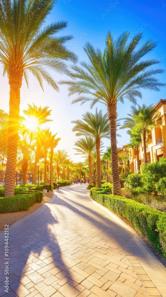 Modern shopping mall walkway lined with glass-front stores and palm trees, bathed in warm sunset light, symbolizing urban lifestyle. Modern shopping mall walkway lined with glass-front stores and palm trees, bathed in warm sunset light, symbolizing urban lifestyle.