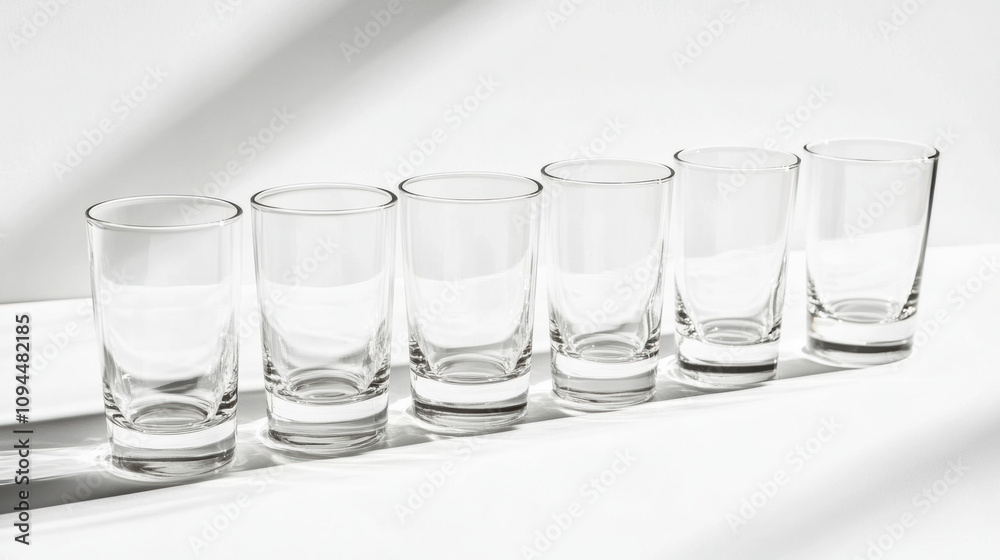 Six empty glasses reflect light, creating minimalist and serene scene Six empty glasses reflect light, creating minimalist and serene scene