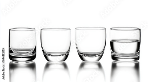 Empty glasses reflection light water glass transparent drink drinking set four studio background white clean simple minimalist purity clarity still life object arrangement collection glassware