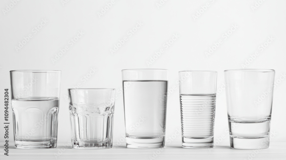 Empty glasses varying heights minimalist water glassware glass transparent monochrome studio shot clean simple design arrangement still life order composition shape size perspective visual contrast Empty glasses varying heights minimalist water glassware glass transparent monochrome studio shot clean simple design arrangement still life order composition shape size perspective visual contrast