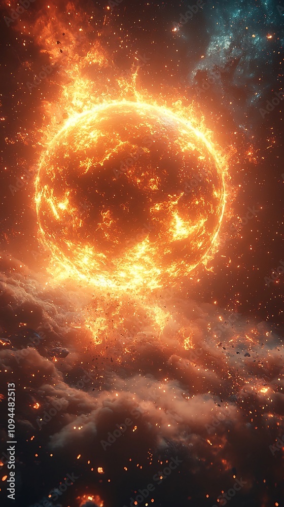 Obraz premium Spherical Energy Bomb Detonating in Cosmic Void with Fiery Particles Spreading Out