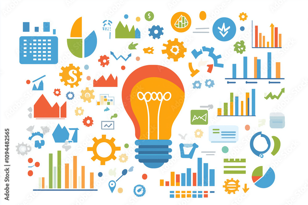 An illustration of a glowing light bulb with business-related icons like graphs, charts, and gears inside, symbolizing ideas, with copy space. Bright, creative lighting. Minimalist white background. An illustration of a glowing light bulb with business-related icons like graphs, charts, and gears inside, symbolizing ideas, with copy space. Bright, creative lighting. Minimalist white background.