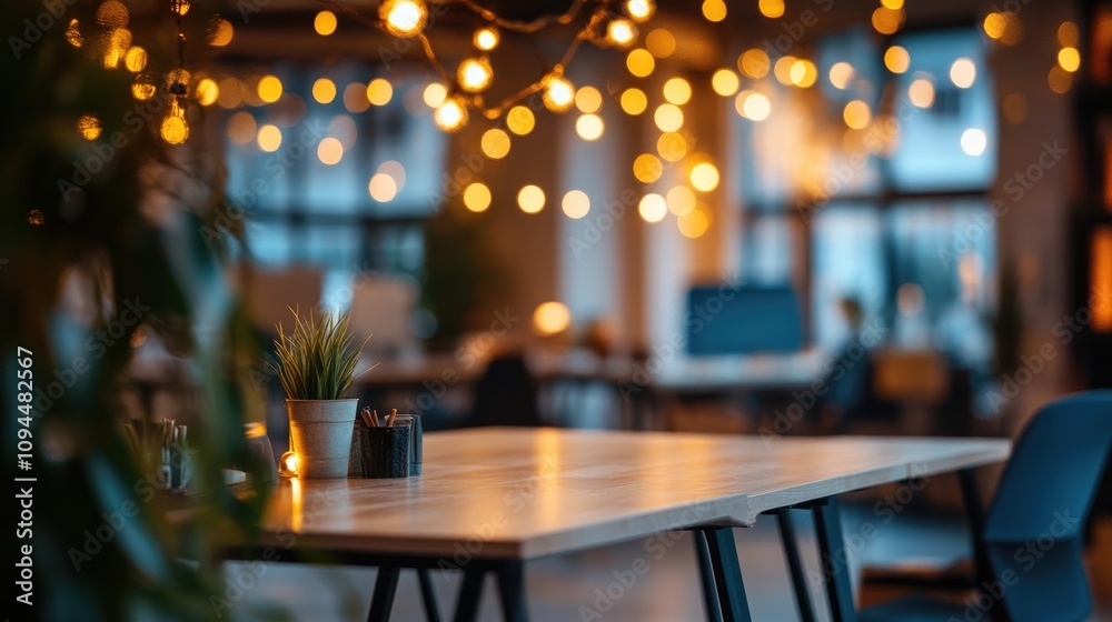 Cozy Office Space with Warm Lighting and Plants Cozy Office Space with Warm Lighting and Plants
