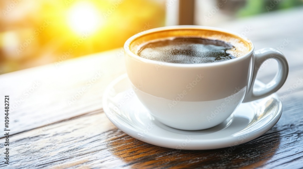 A Steaming Cup of Coffee on a Wooden Table with Bright Sunlight Glowing in the Background, Evoking a Warm and Inviting Morning Atmosphere A Steaming Cup of Coffee on a Wooden Table with Bright Sunlight Glowing in the Background, Evoking a Warm and Inviting Morning Atmosphere