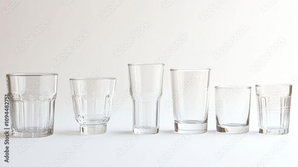 Empty juice glasses various heights and capacities clear glass glassware drinking glasses tumblers set of glasses simple minimalist clean transparent modern studio shot white background beverage