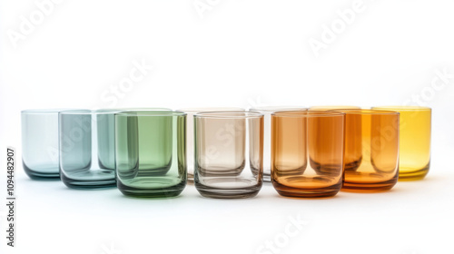 Empty tumblers in various colors glass clear amber green gray beige orange yellow colorful glassware set drinkware kitchen home dining minimalist modern simple elegant clean design style translucent
