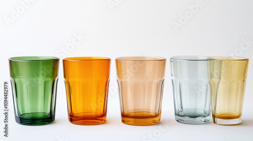 Empty tumblers various colors glass clear amber green orange peach grey yellow glassware drinking glasses set of glasses kitchenware tableware home decor beverage drink refreshment still life