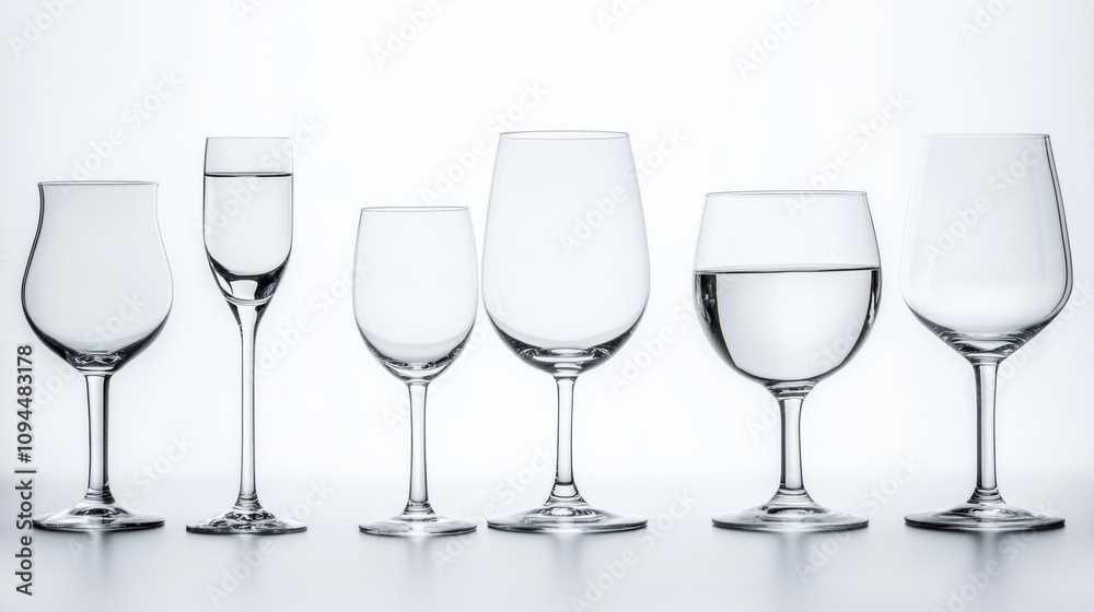 Empty water glasses various styles arranged casually glassware crystal drinking glass wine glass water beverage clear transparent elegant simple clean modern minimalist design collection set Empty water glasses various styles arranged casually glassware crystal drinking glass wine glass water beverage clear transparent elegant simple clean modern minimalist design collection set