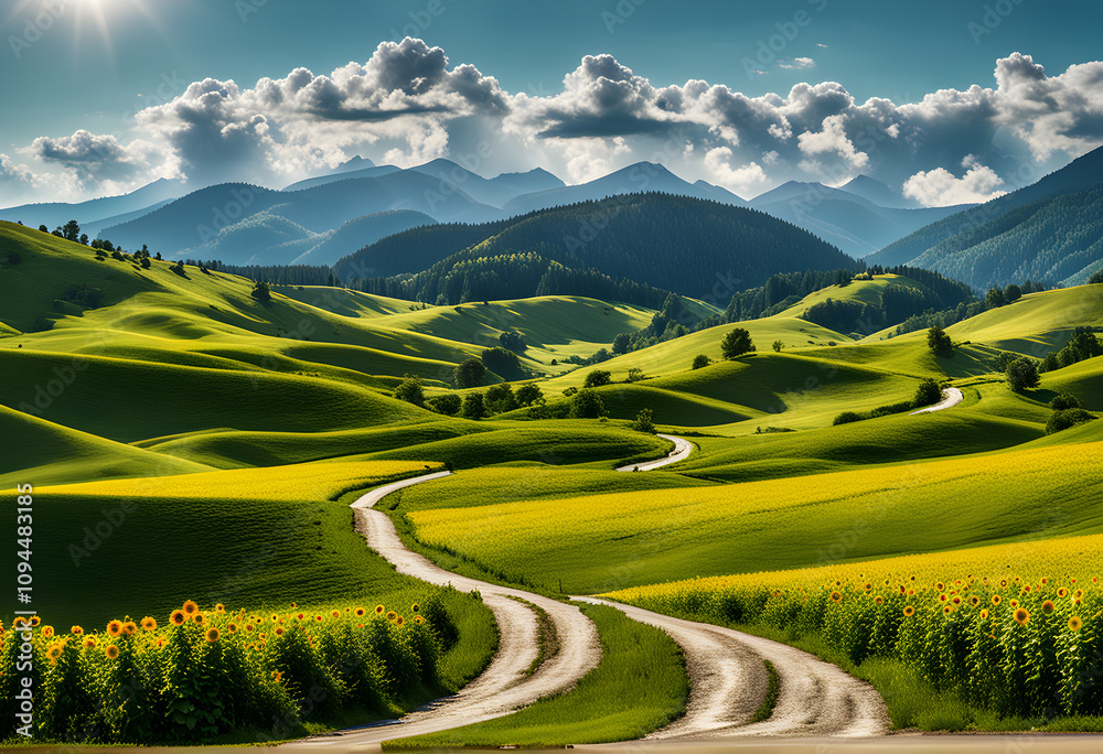Beautiful landscape with green meadows at sunset. Summer day, golden hour, the sunset is beautiful, the road through a green field with low hills. Beautiful landscape with green meadows at sunset. Summer day, golden hour, the sunset is beautiful, the road through a green field with low hills.