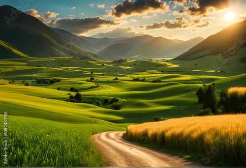 Beautiful landscape with green meadows at sunset. Summer day, golden hour, the sunset is beautiful, the road through a green field with low hills.