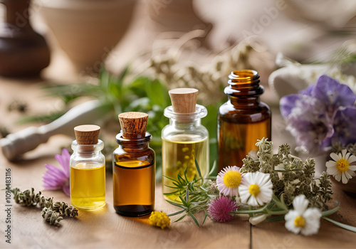 bottles of essential oils and herbs