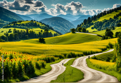 Beautiful landscape with green meadows at sunset. Summer day, golden hour, the sunset is beautiful, the road through a green field with low hills.