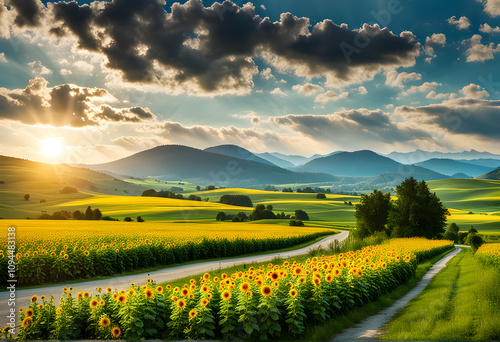 Beautiful landscape with green meadows at sunset. Summer day, golden hour, the sunset is beautiful, the road through a green field with low hills.