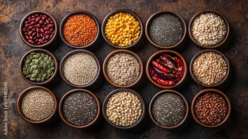 Collection of various seeds and grains in bowls.