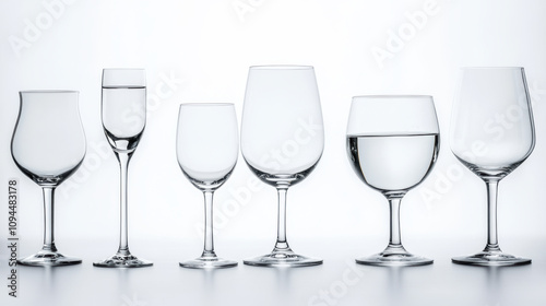 Empty water glasses various styles arranged casually glassware crystal drinking glass wine glass water beverage clear transparent elegant simple clean modern minimalist design collection set