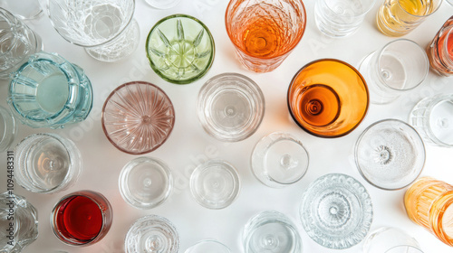 Overhead shot of empty glasses, diverse designs. simple, colorful still life