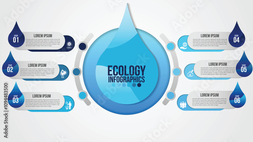 Infographic eco water blue design elements process 6 steps or options parts with water bottle.Ecology organic nature vector business template for presentation.