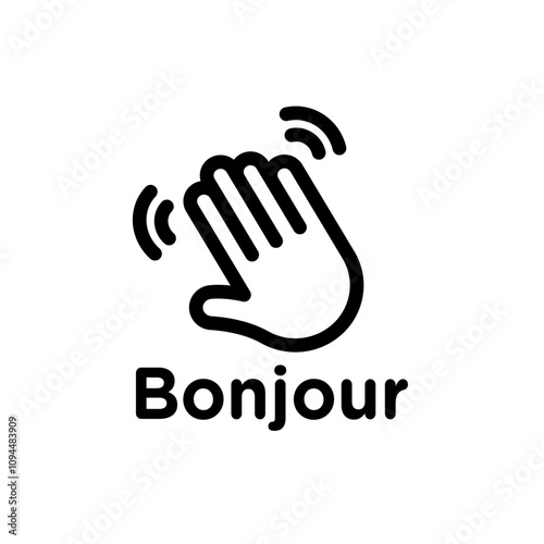 Bonjour text with hand wave icon Black and white outline vector photo