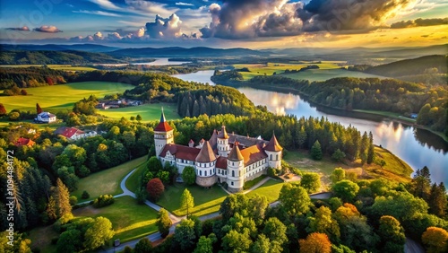 Aerial View of Konopiste Castle with Time Lapse Effect Capturing the Beauty of Surrounding Landscape and Architectural Details in Different Lighting Conditions photo