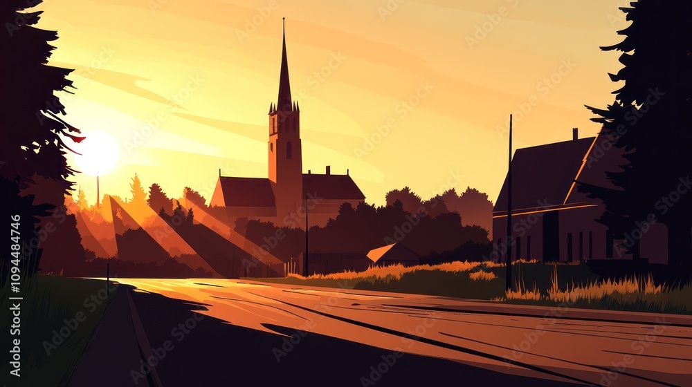 Naklejka premium A serene sunset landscape featuring a church and houses along a quiet road.
