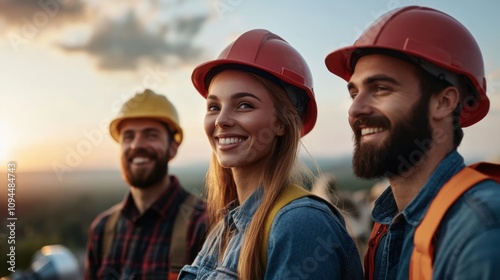 Group of joyful construction workers smiling together at sunset, wearing safety helmets and protective gear, showcasing teamwork and professionalism in the building industry