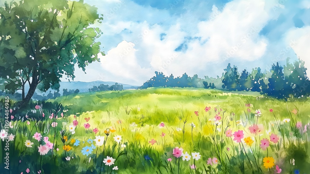 Watercolor Meadow Wildflowers Landscape Painting Watercolor Meadow Wildflowers Landscape Painting