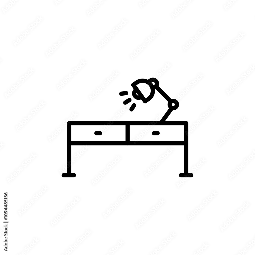 Desk with lamp icon Black and white outline vector Desk with lamp icon Black and white outline vector