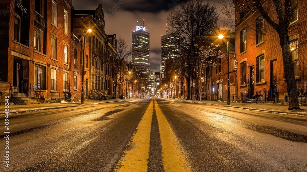 Fototapeta premium Nighttime City Street with Lighted Buildings