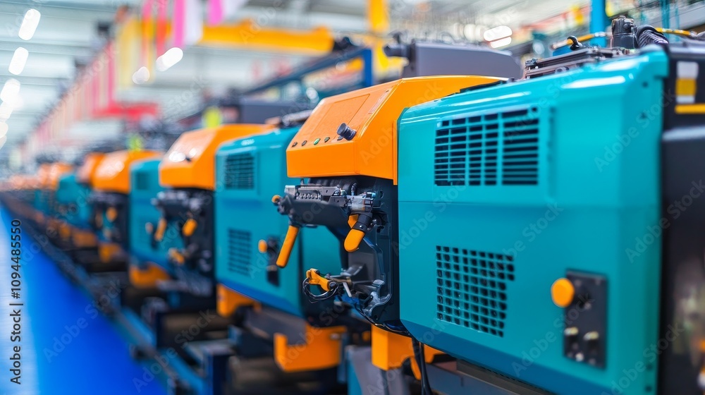 Fototapeta premium Row of Blue and Orange Industrial Machines in a Factory Setting