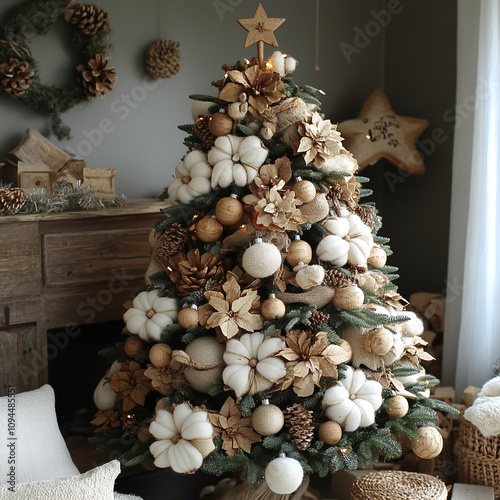 Christmas tree in rustic style: wooden toys, craft decorations, a garland made of cotton and burlap, a feeling of rural nature, a warm and cozy country Christmas