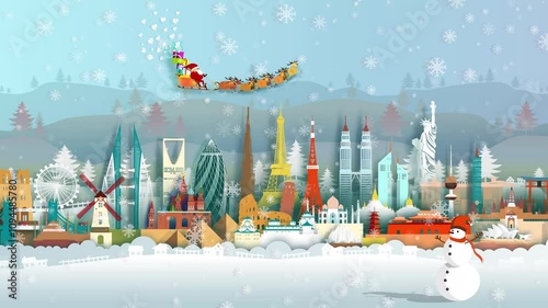 Travel landmarks world with Santa claus and Reindeers and snow sled and Festive boxes of Christmas present with travel Paris in France for anniversary happy new year, 3D rendering illustration. photo