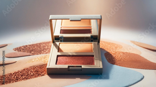 An open cosmetics compact displaying two radiant shades alongside a mirror, captured in soft gradient lighting.