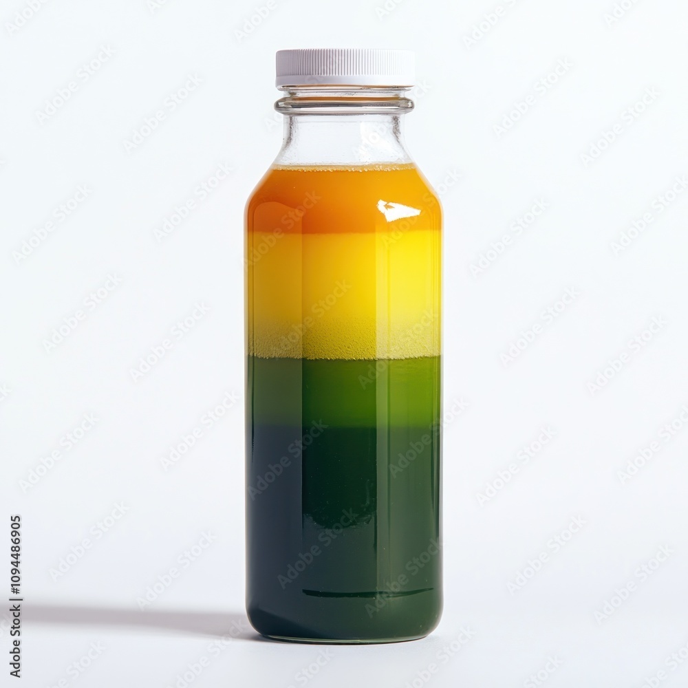 A layered beverage in a clear bottle, showcasing vibrant colors of orange, yellow, green, and dark green. A layered beverage in a clear bottle, showcasing vibrant colors of orange, yellow, green, and dark green.