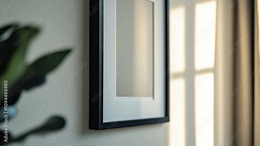 Close-up of a vertical black frame on the wall, highlighting its clean and modern design Close-up of a vertical black frame on the wall, highlighting its clean and modern design