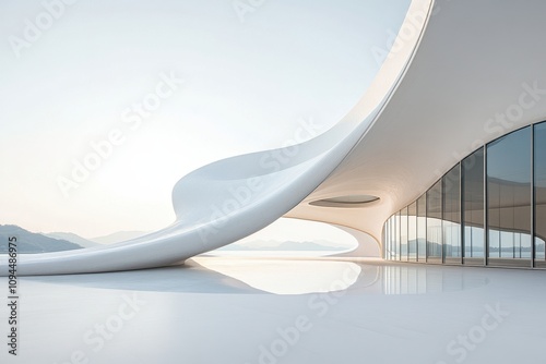 A modern architectural structure with smooth curves and large glass windows, reflecting nature.