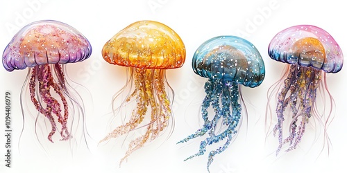 Four colorful glass jellyfish with long tentacles, isolated on a white background.