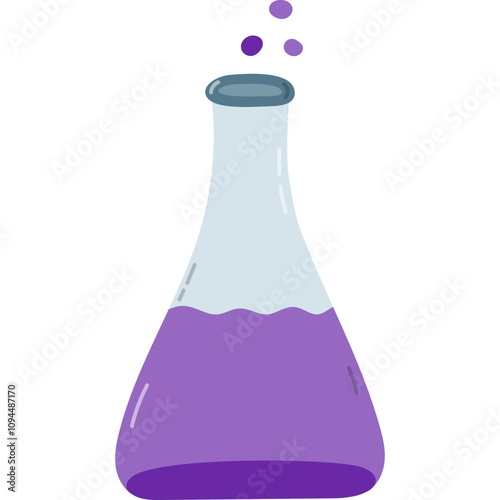 Cute cartoon laboratory beaker with purple chemical solution and bubbles. Flat bottomed flask, glassware for science experiment, chemistry tests. Hand drawn lab equipment isolated on white.