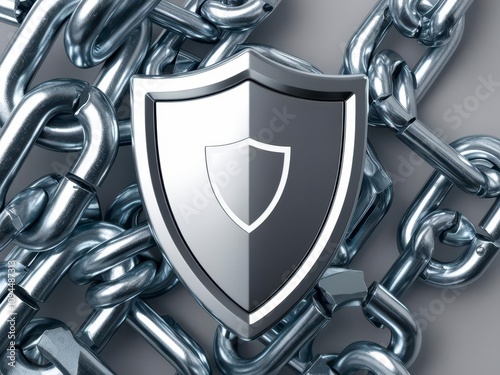 Anti tracking and security, Shield symbol on metallic chains, representing security and protection. photo