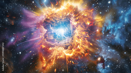 Supernova explosion casting brilliant light and colorful gases into the cosmos, with distant galaxies shimmering in the background