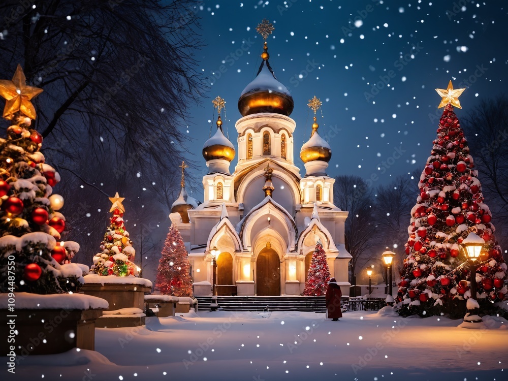 Snowy winter night at a beautifully illuminated church with Christmas trees in the park