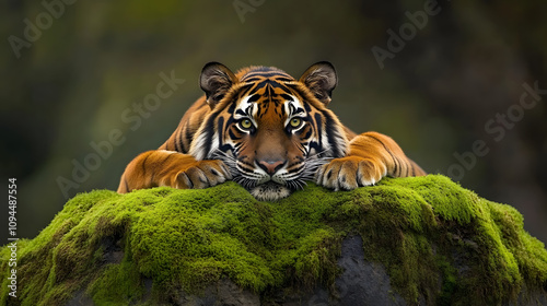 A tiger lying on a moss-covered rock staring lazily yet intensely at the camera. photo