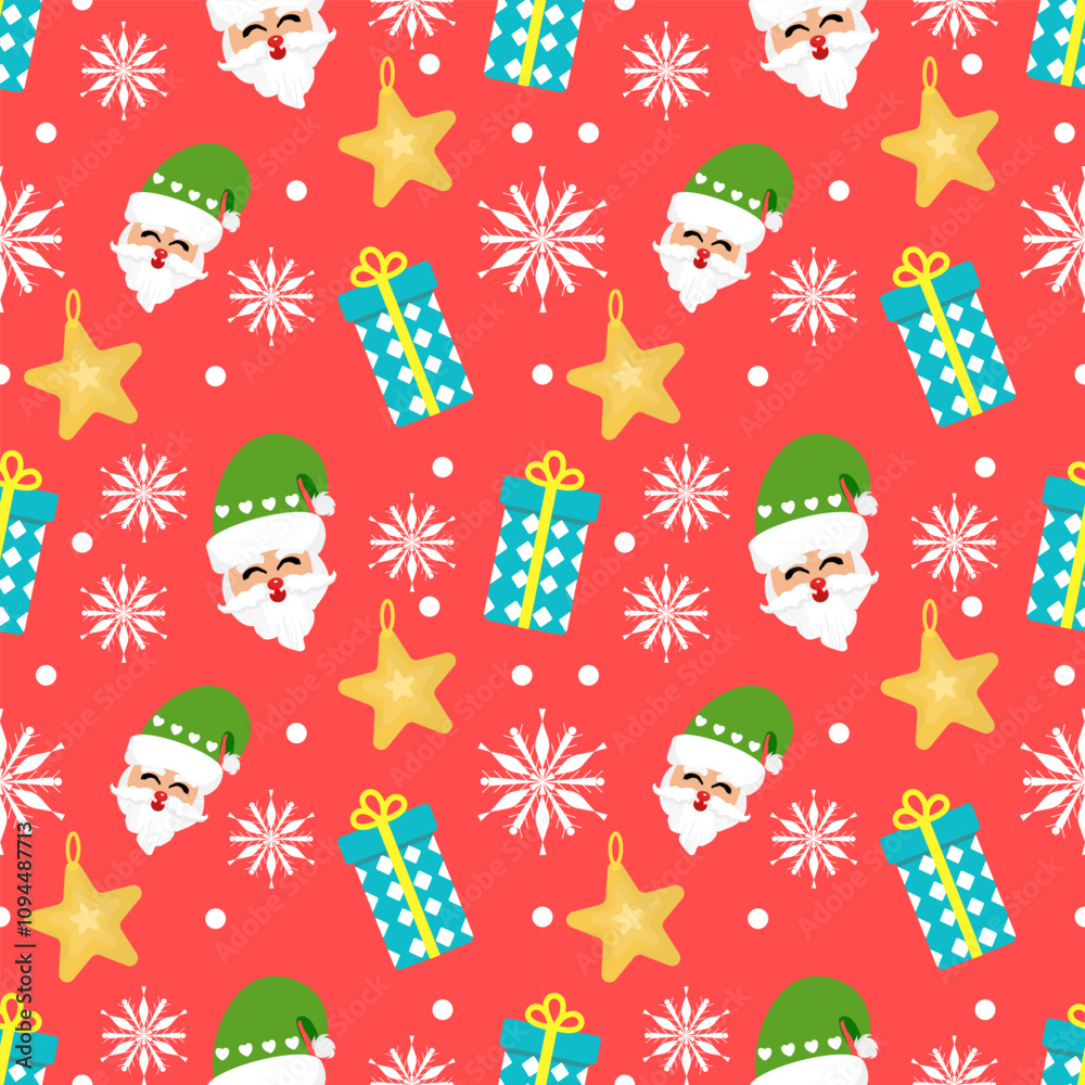 Cute seamless of gift box with golden star and Santa Claus red green on white dot with snowflake and starburst on pink or red wallpaper and vector background. Christmas and new year holiday concept Cute seamless of gift box with golden star and Santa Claus red green on white dot with snowflake and starburst on pink or red wallpaper and vector background. Christmas and new year holiday concept