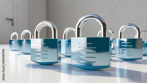 Anti tracking and security, Blue padlocks arranged in a row on a white surface.